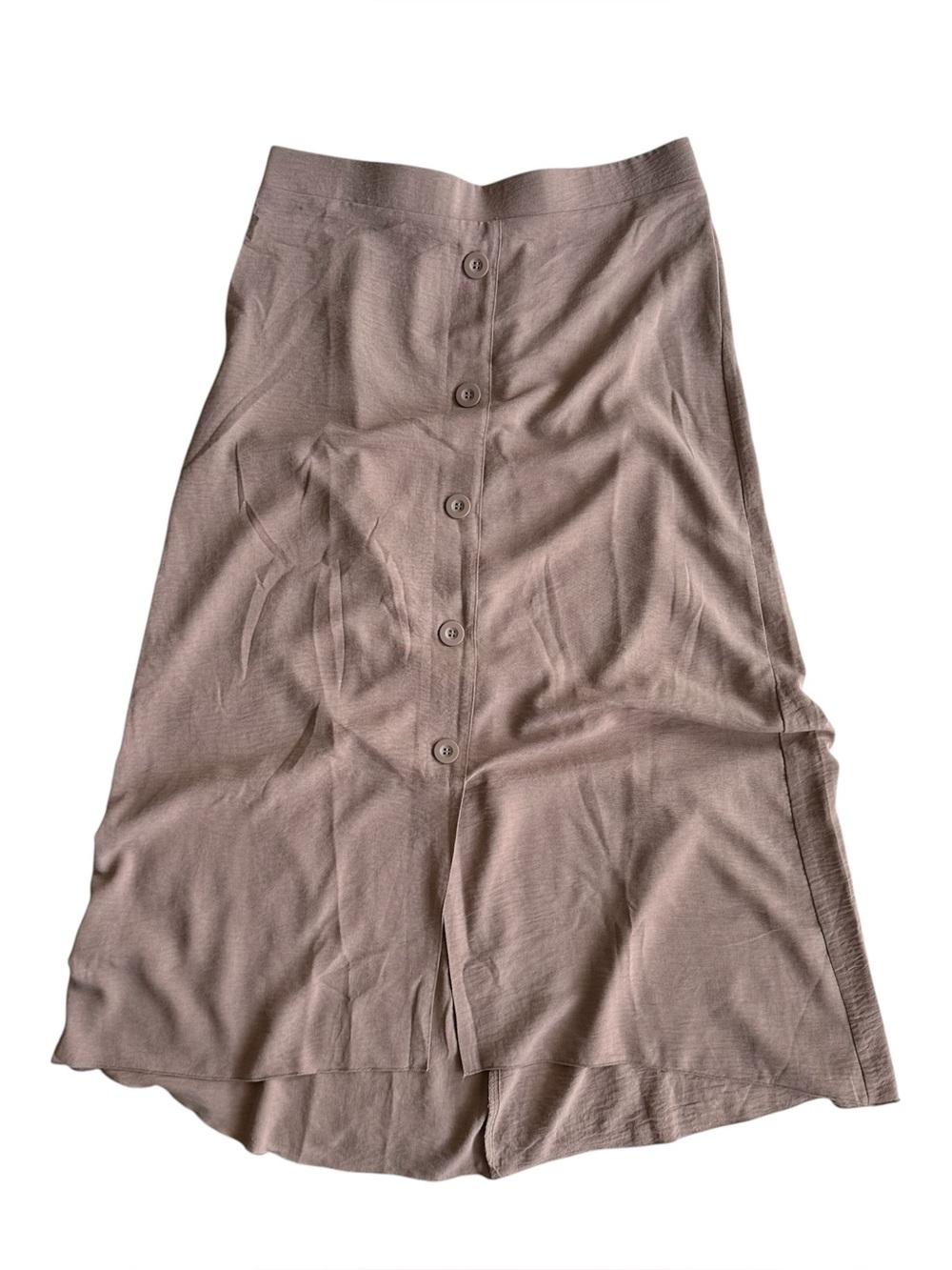 Retrology Taupe Button-Front Midi Satin Skirt, Medium